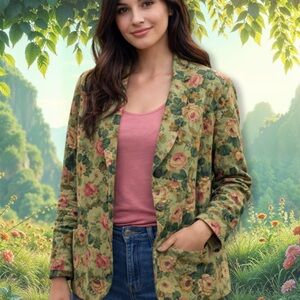 VINTAGE D’Knit Blazer Cottagecore Green Corduroy Pink White Floral Women’s SZ L